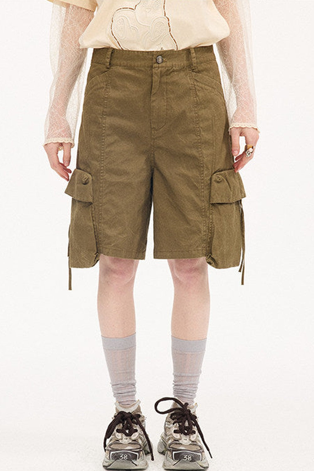 Khaki Washed Multi-Pocket Shorts