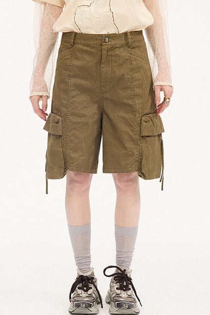 Khaki Washed Multi-Pocket Shorts