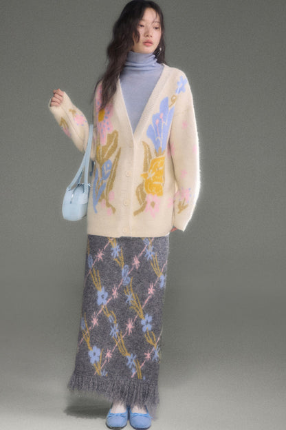 Ear-Flap Bird Tulip Jacquard Wool Cardigan