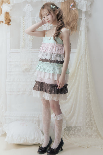 Pink Green Polka Dot Lace Ruffle Dress