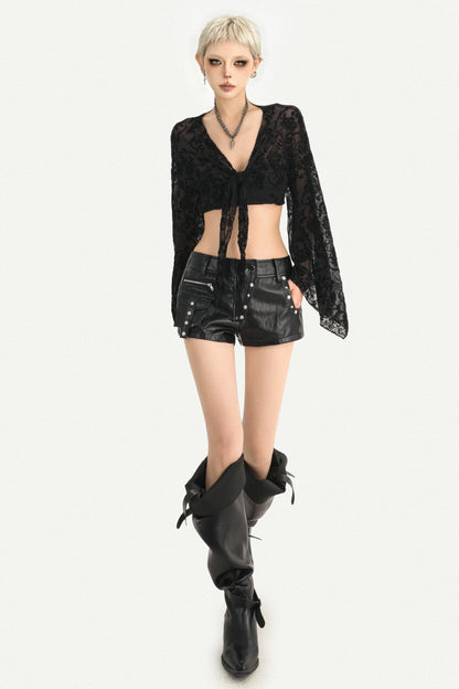 Low-Waist Studded Workwear Leather Shorts