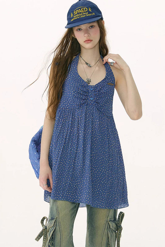 Blue Floral Waist-Tie Halter Camisole