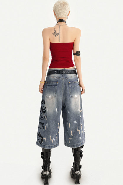 Distressed Letter Print Wide Leg Denim Pants