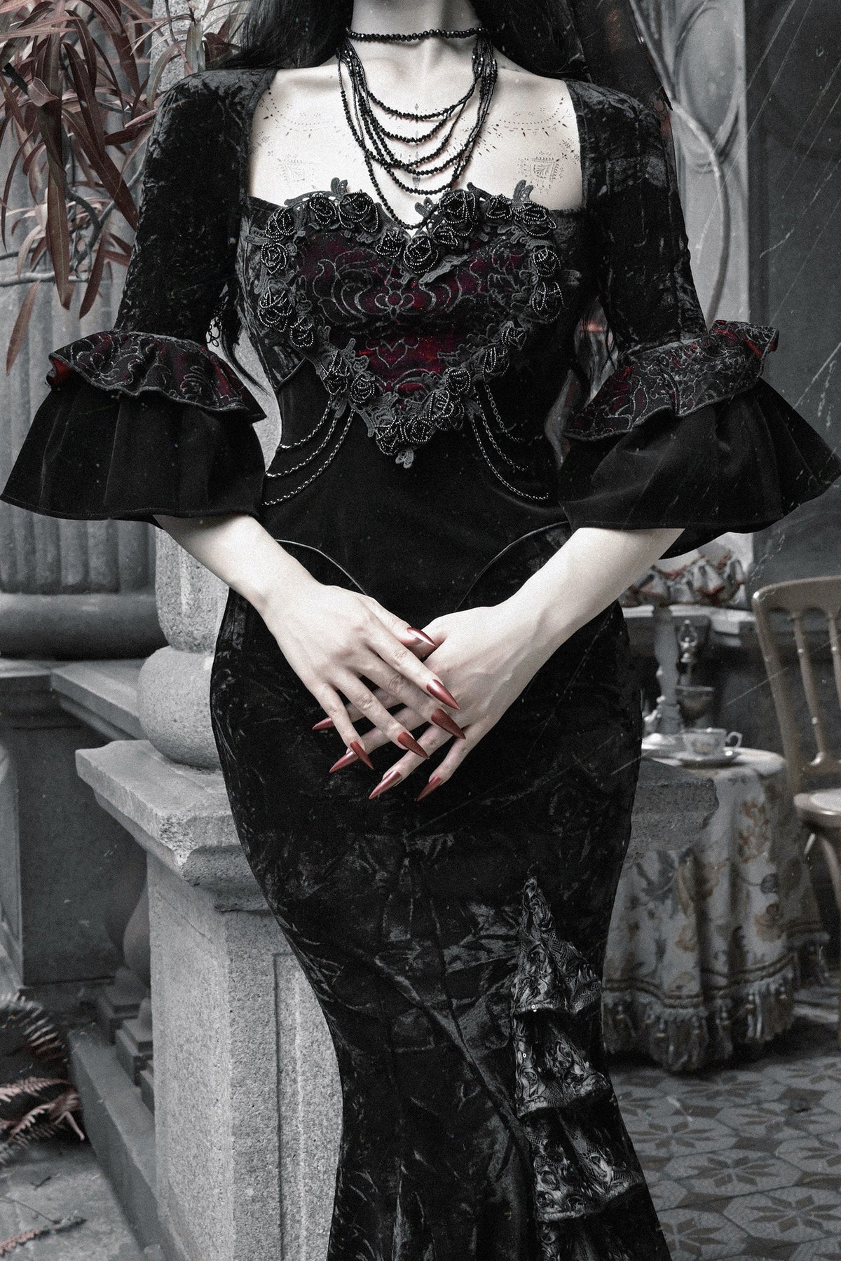 Burgundy Velvet Strapless Fishtail Dress Set-Up