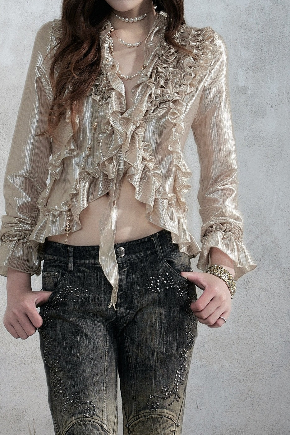 Ruffle Trim Tie Waist Long-Sleeved Blouse