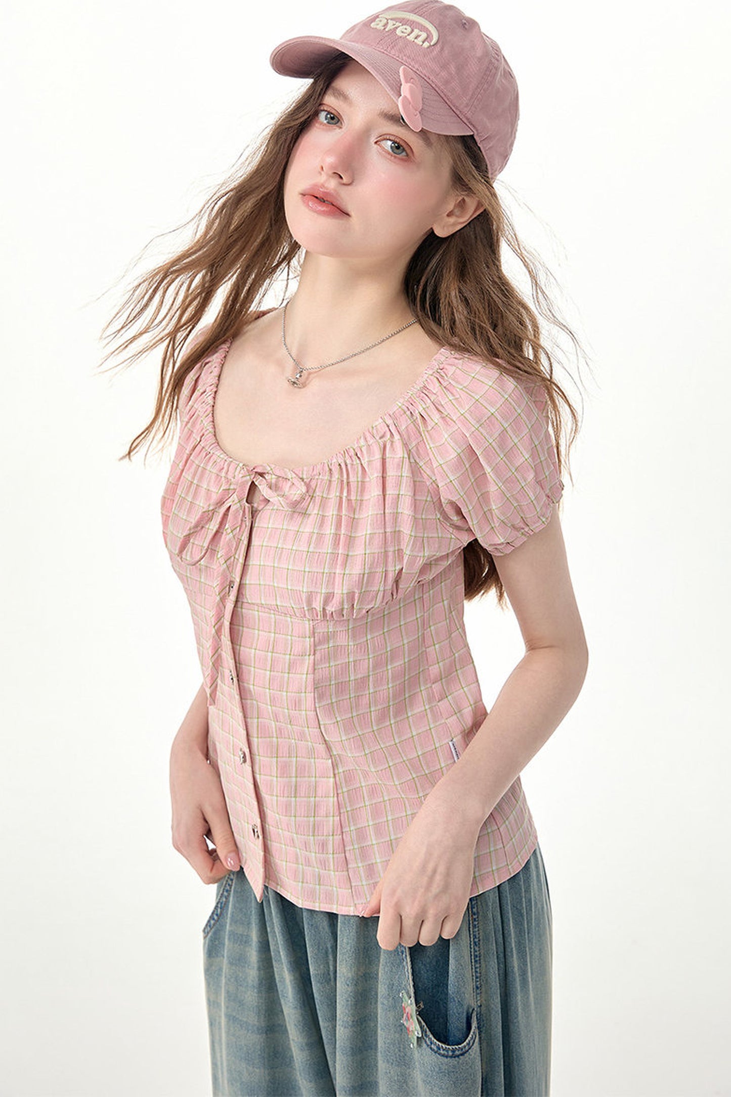Pink Plaid Puff Sleeve Top