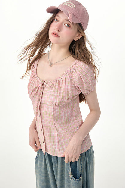 Pink Plaid Puff Sleeve Top