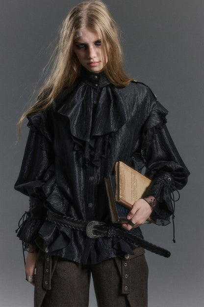 High Collar Ruffle Acetate Shirt