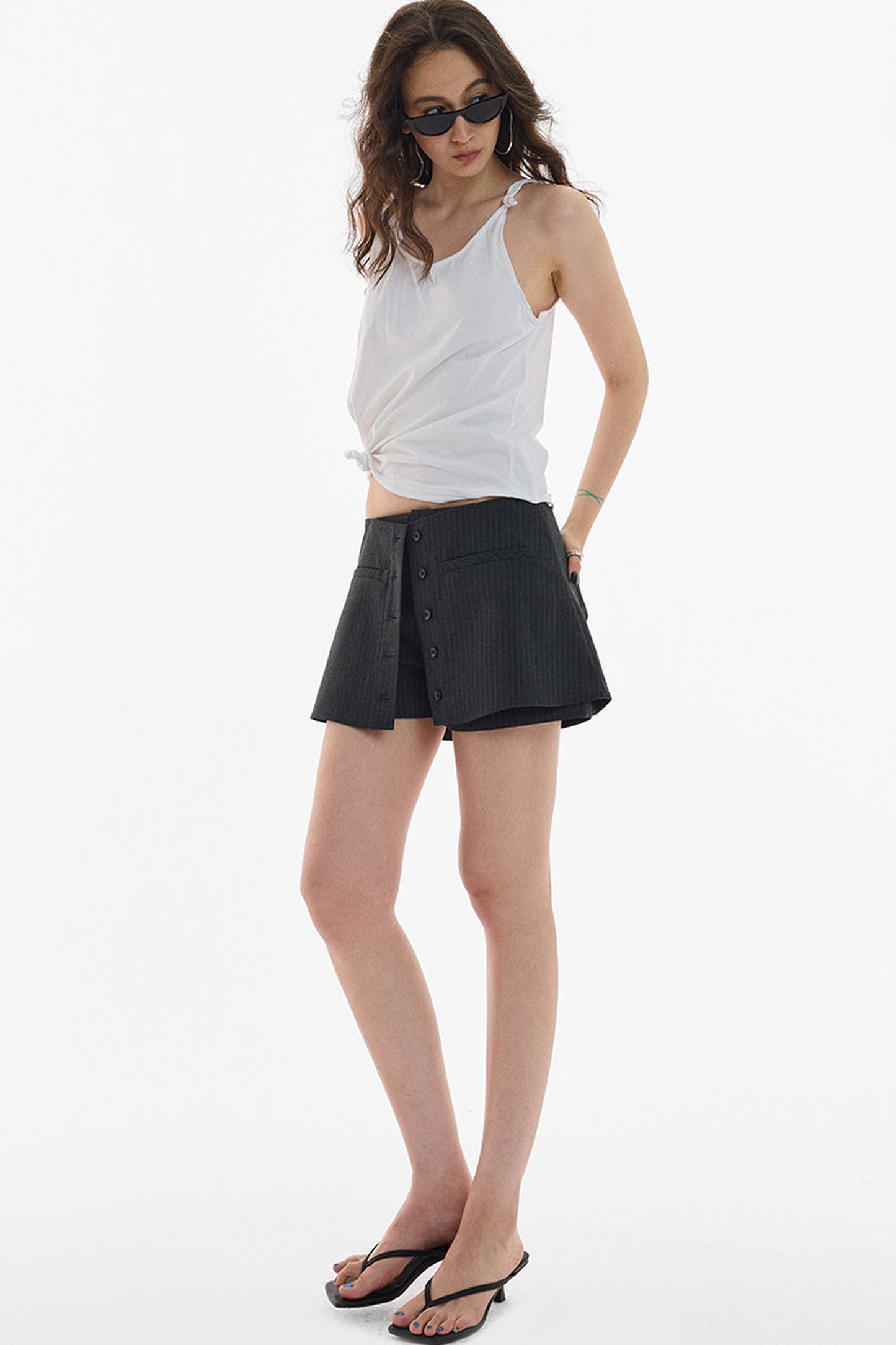 Gray White Striped Button Front Skirt