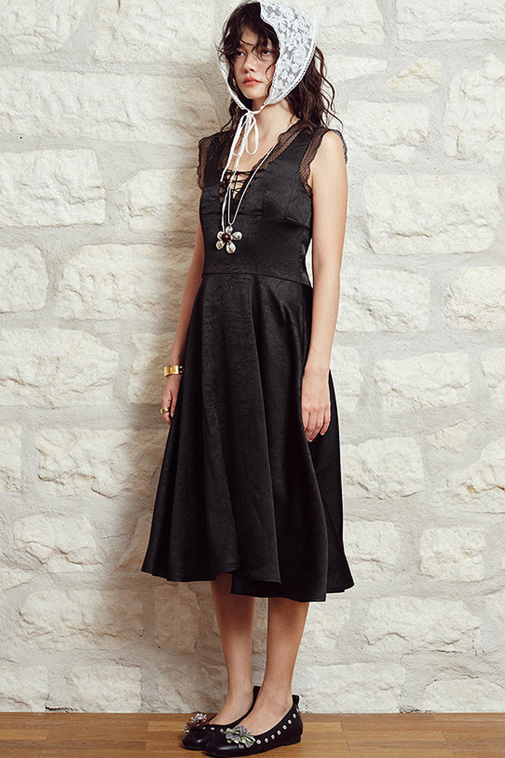 Black Lace Trim Chest Tie Dress