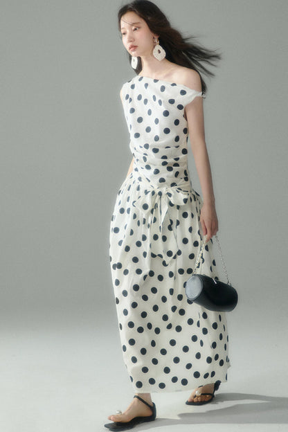 Off-Shoulder Polka Dot Twist Tie Dress