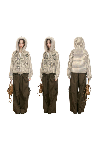 Fur Collar Hooded Striped Graffiti Jacket