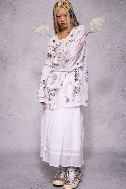 Manuscript Print Long Sleeve Open Front Shirt
