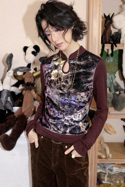 Mandarin Collar Velvet Long-Sleeve T-Shirt