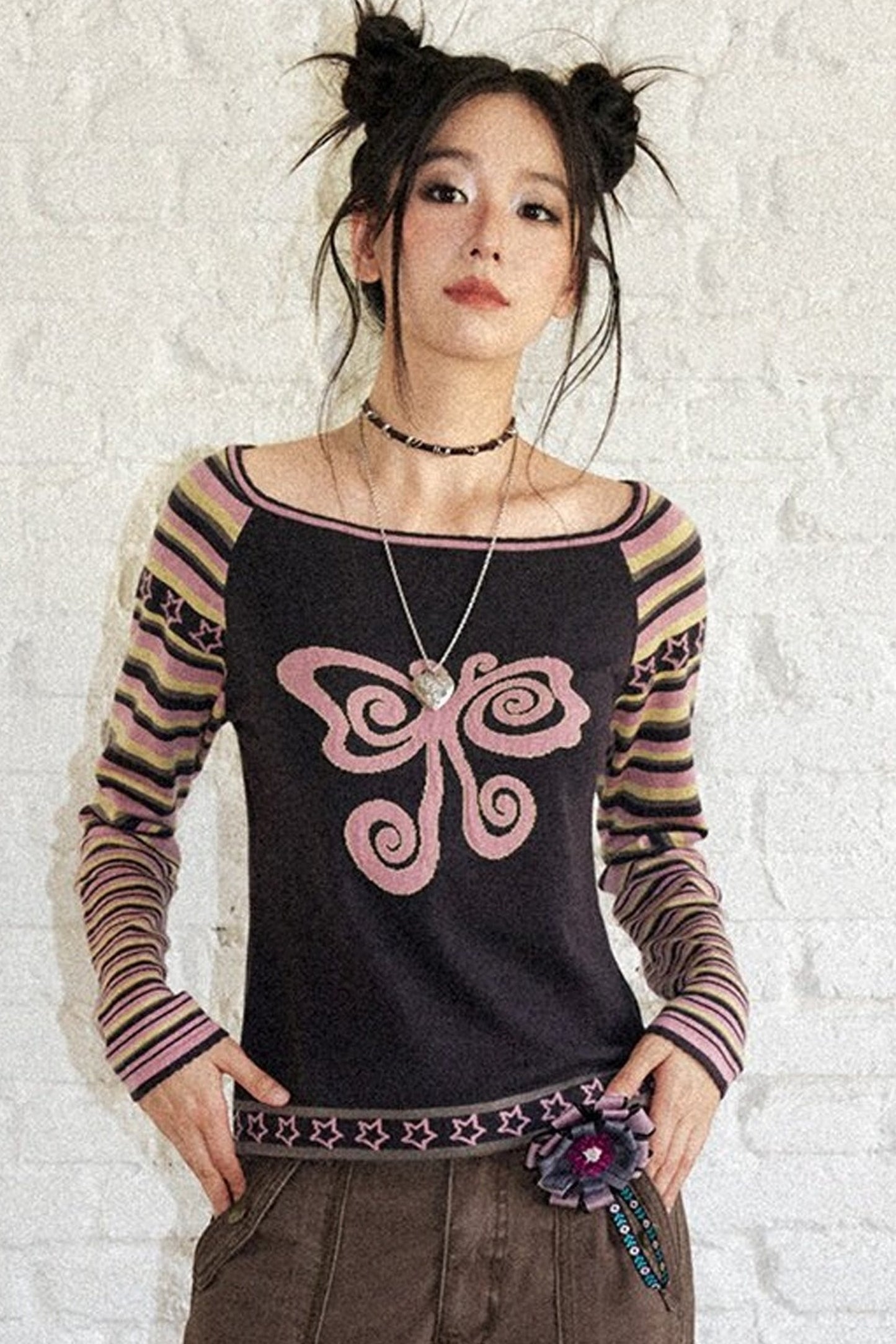 Butterfly Jacquard Striped Sweater