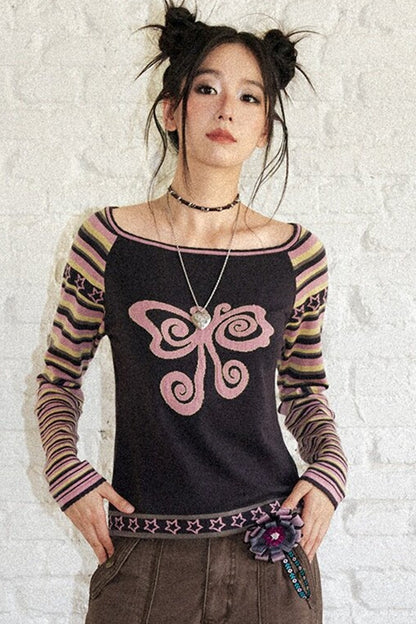Butterfly Jacquard Striped Sweater