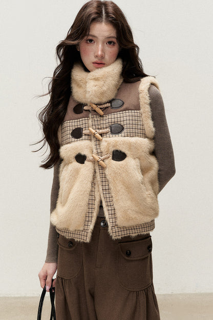 Retro Plaid Faux Fur Toggle Vest