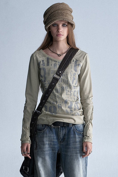 Asymmetrical Frayed All-Over Print Long-Sleeve T-Shirt