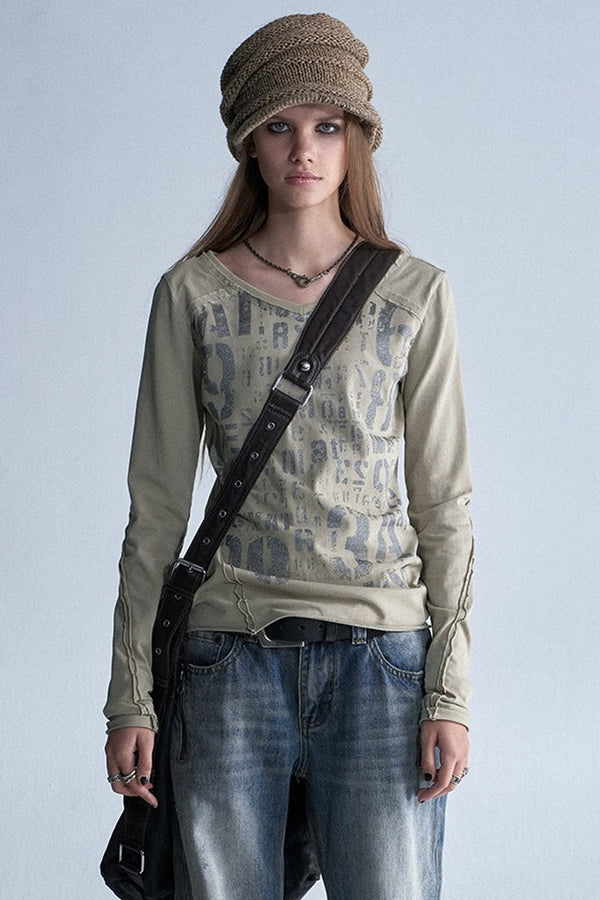 Asymmetrical Frayed All-Over Print Long-Sleeve T-Shirt