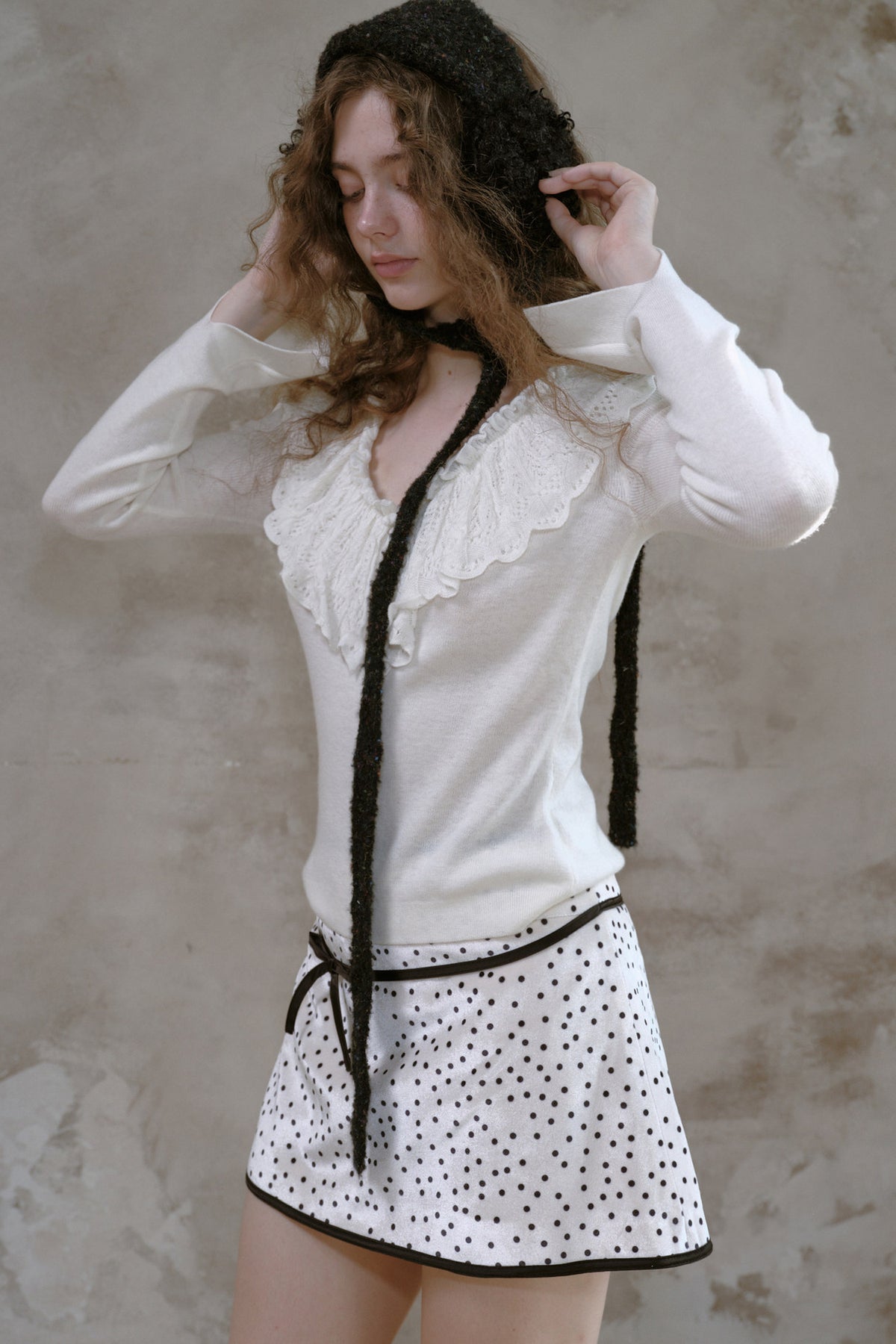 Polka Dot Velvet Bow A-Line Skirt