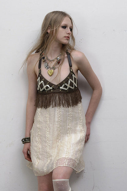 Fringe Leather Strap Camisole Dress
