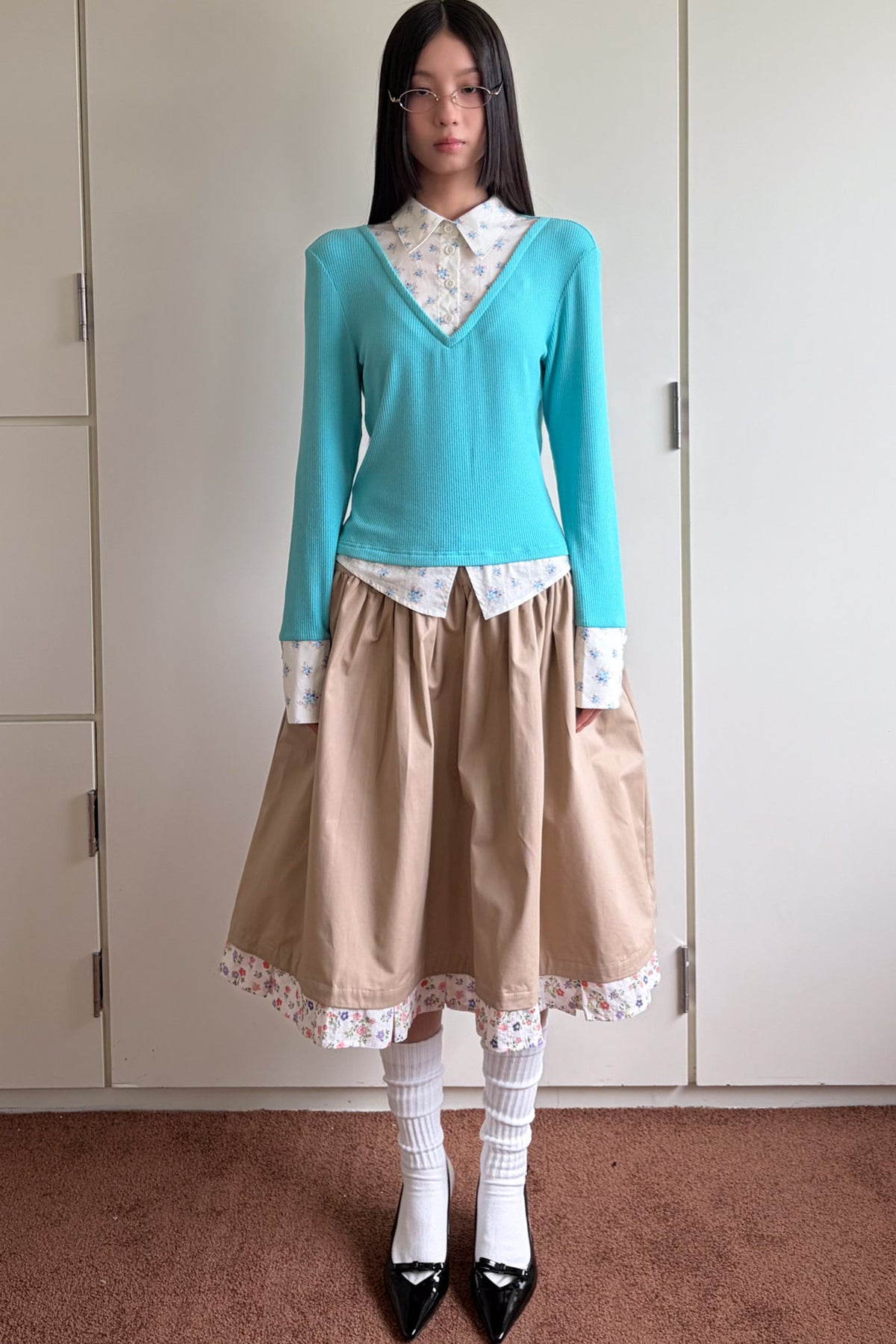 Mint Green Knit Floral Shirt Top