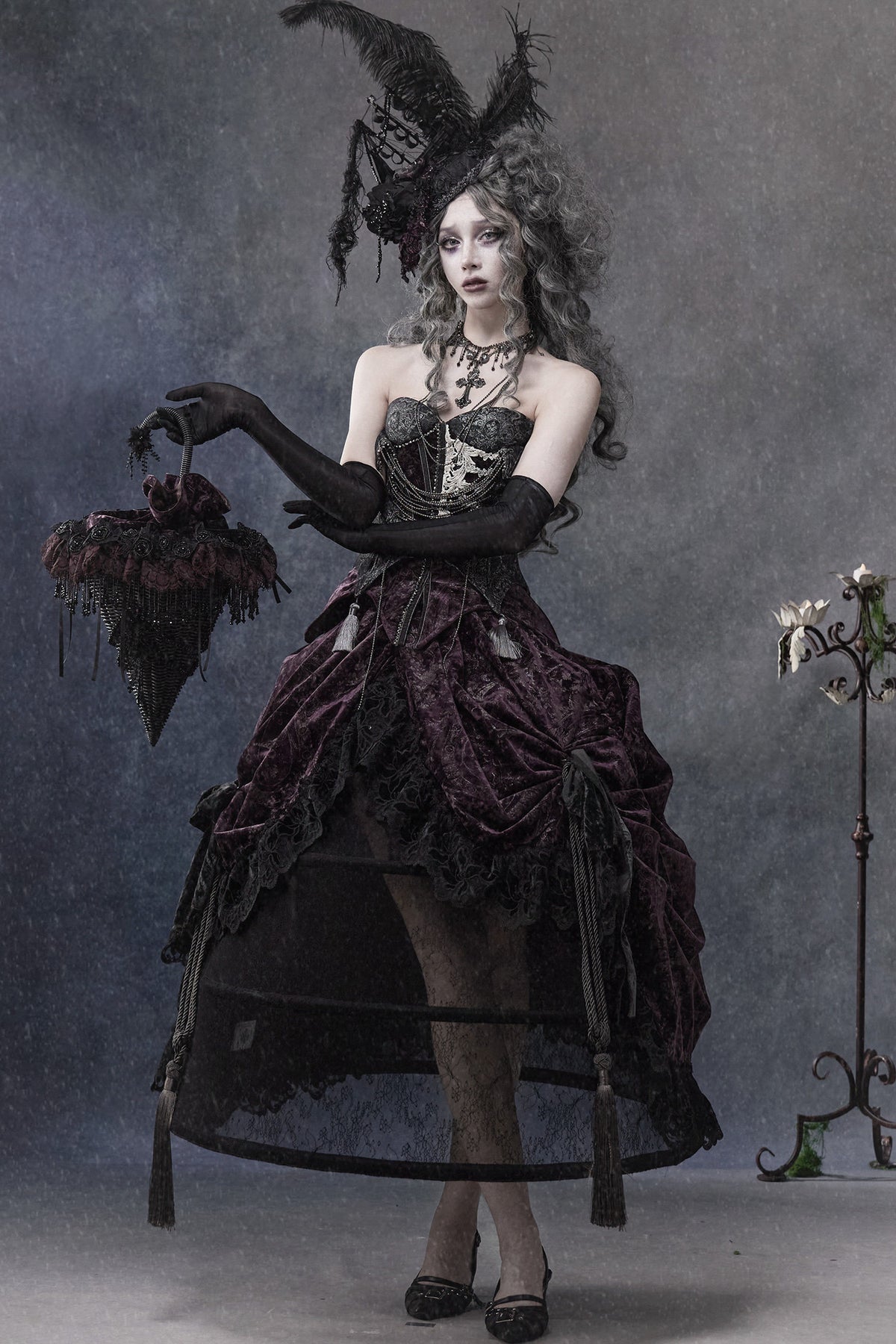 Gothic Dark Purple Bustle Skirt Set-Up