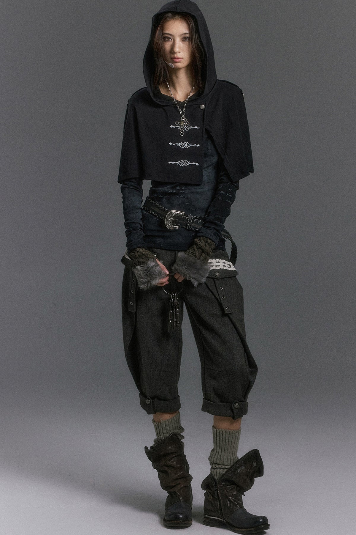 Silver Letter Print Hooded Knit Top