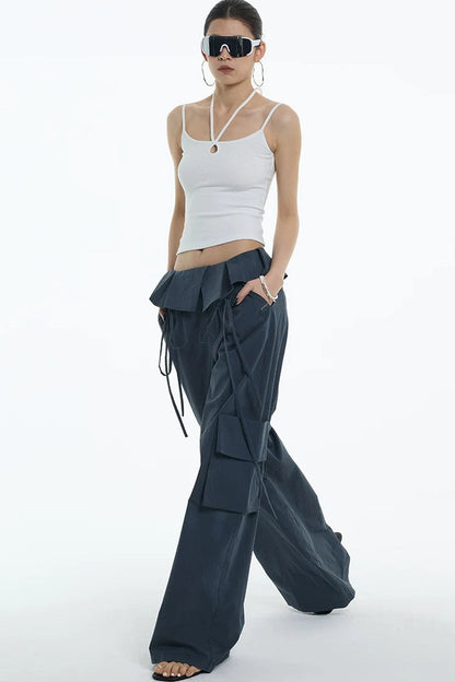 Ruffled Glacier Blue Wide-Leg Pants