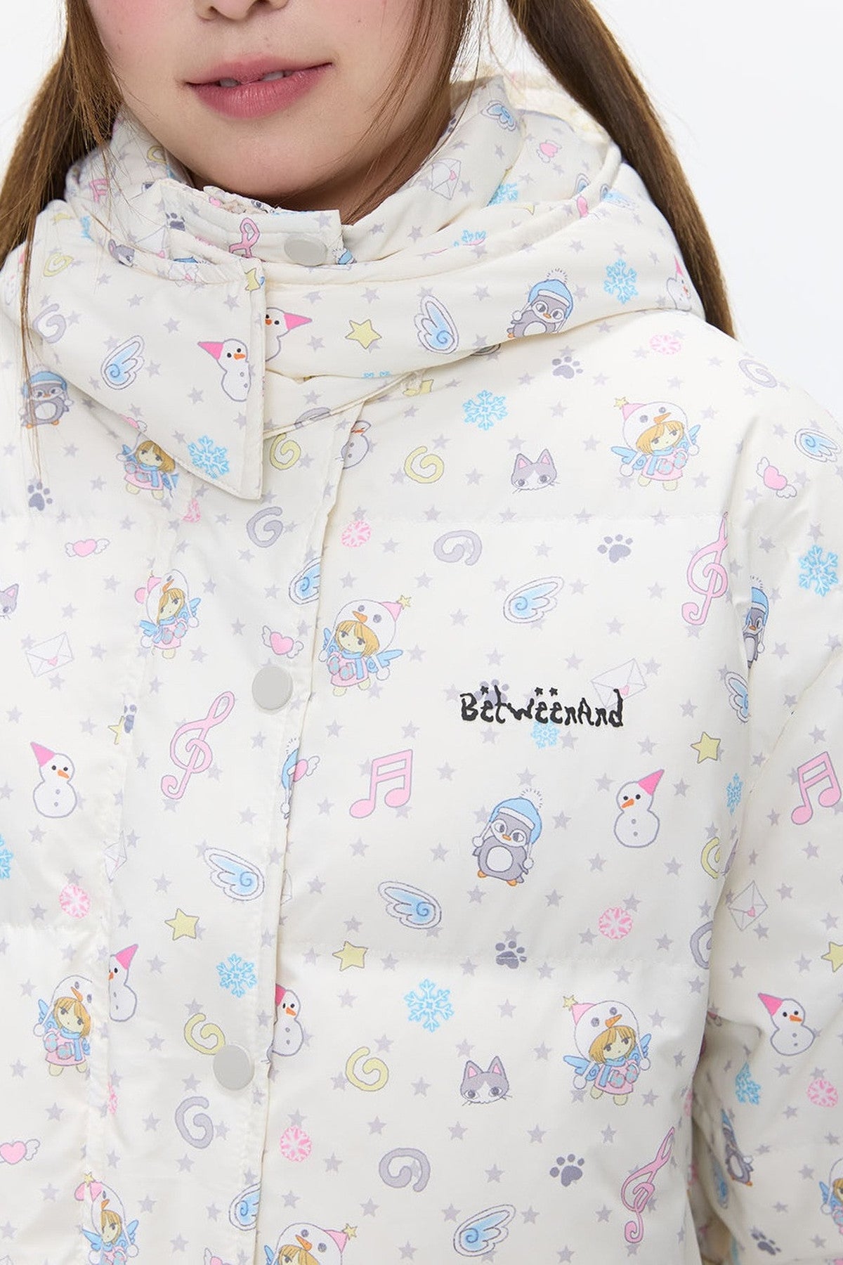 Beige Full Print Hooded Down Jacket