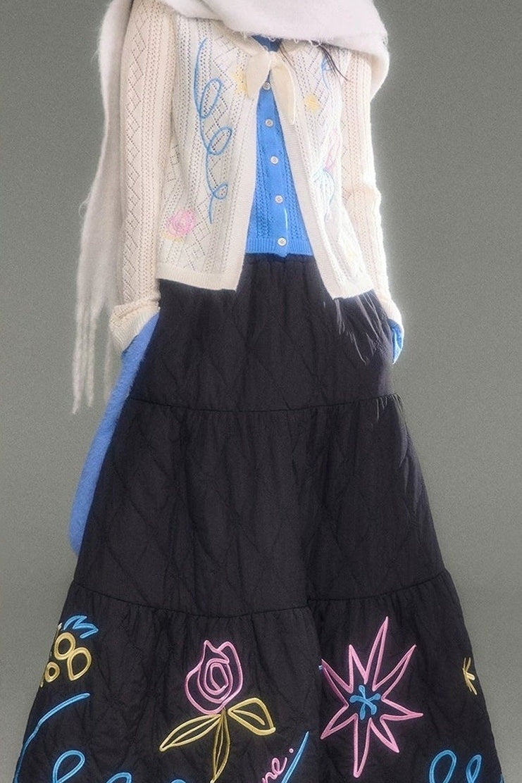 Two-Piece Wool-Blend Tulip Embroidery Knit Cardigan And Skirt Set-Up