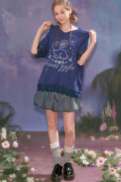 Dark Blue Floral Lace V-Neck T-Shirt