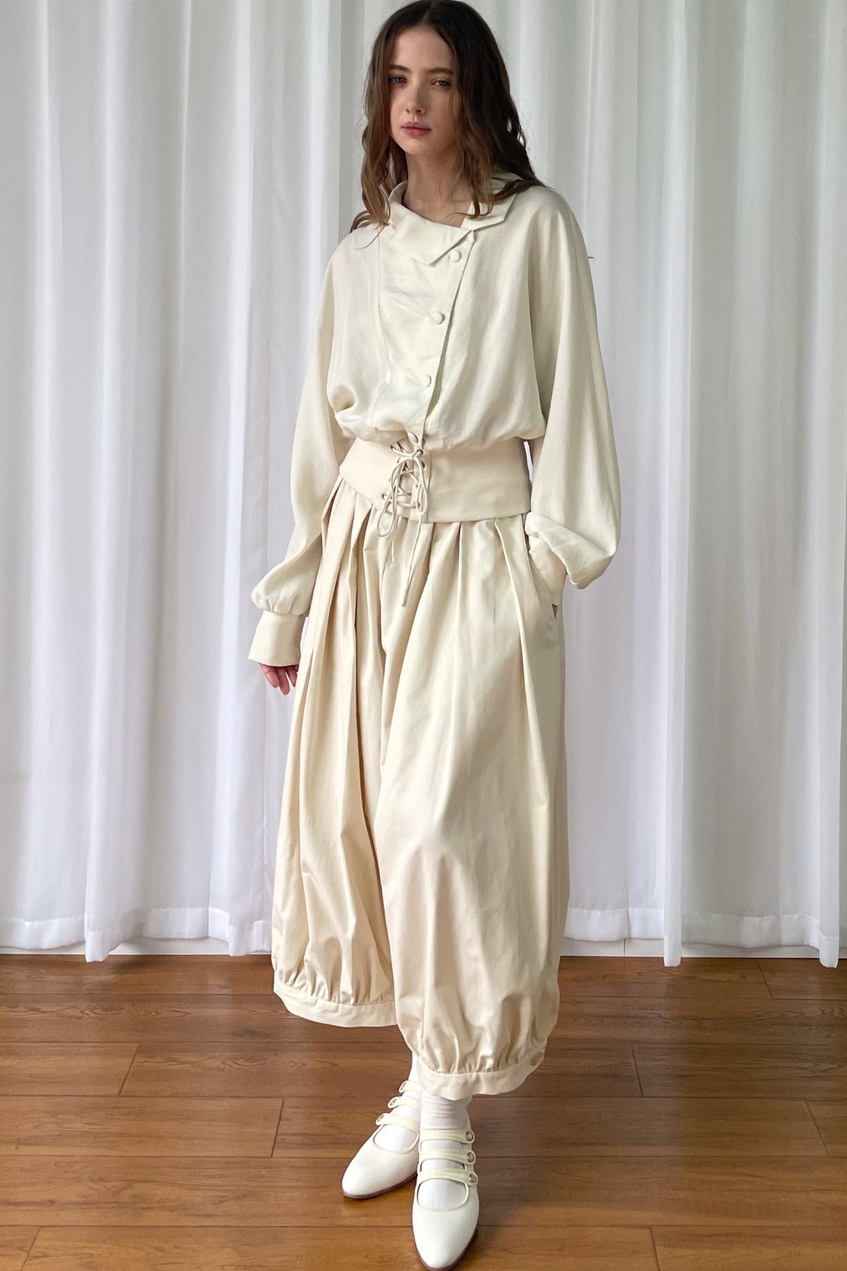 Beige Wide-Leg Lantern Pants