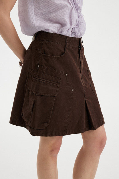 Washed Coffee Cargo A-Line Skirt