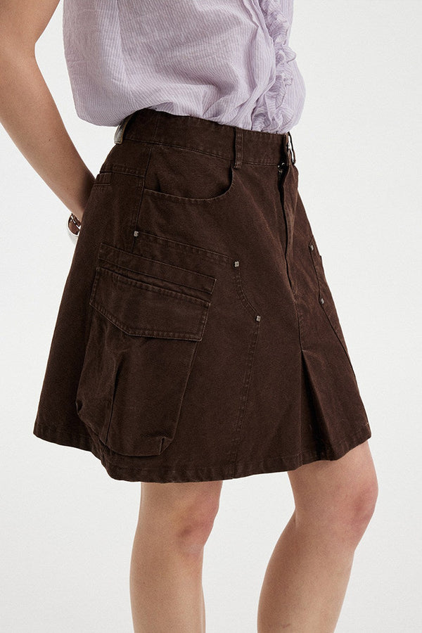 Washed Coffee Cargo A-Line Skirt