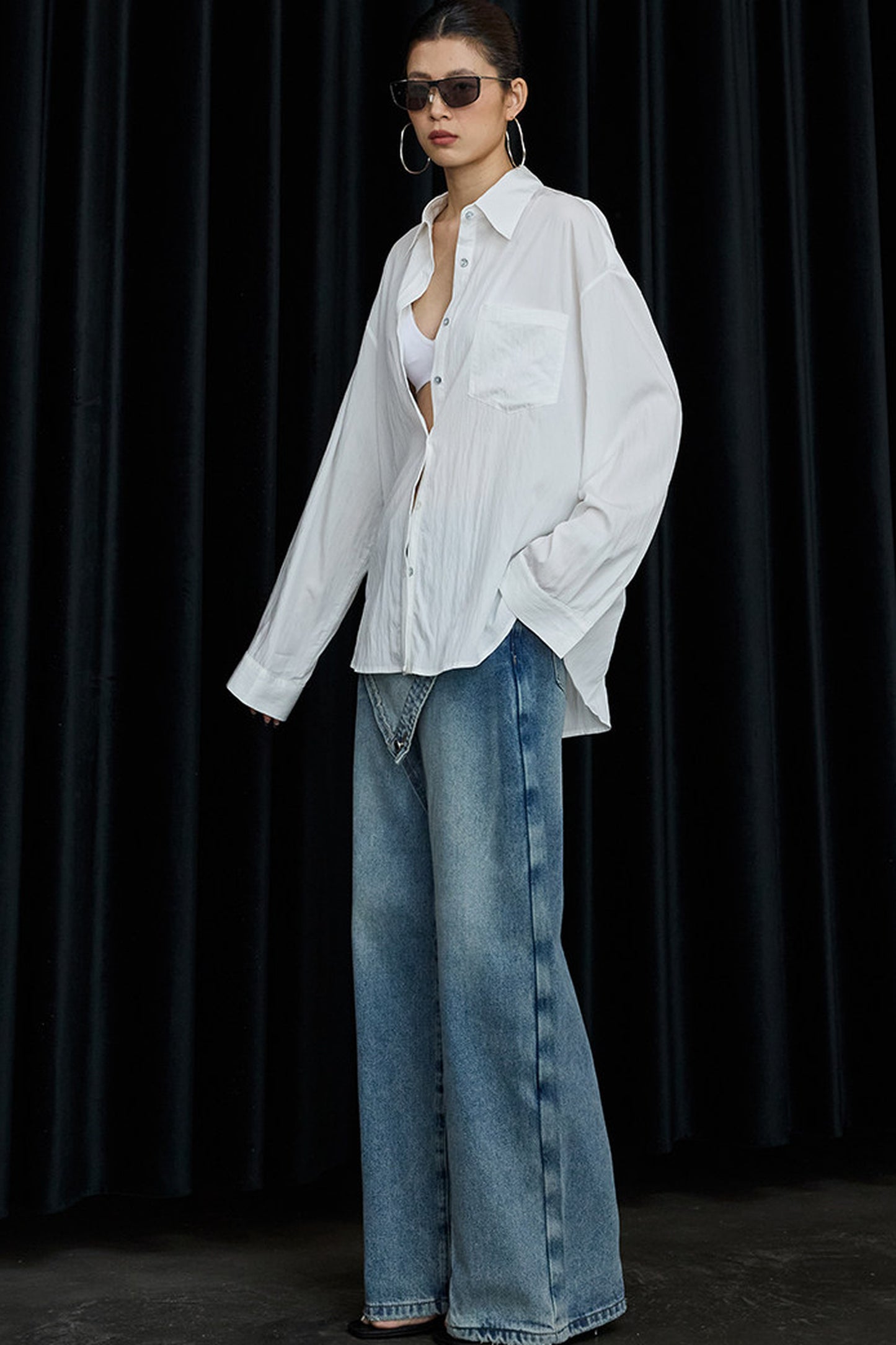 Asymmetrical Deconstructed Denim Wide-Leg Pants