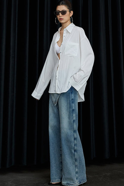 Asymmetrical Deconstructed Denim Wide-Leg Pants