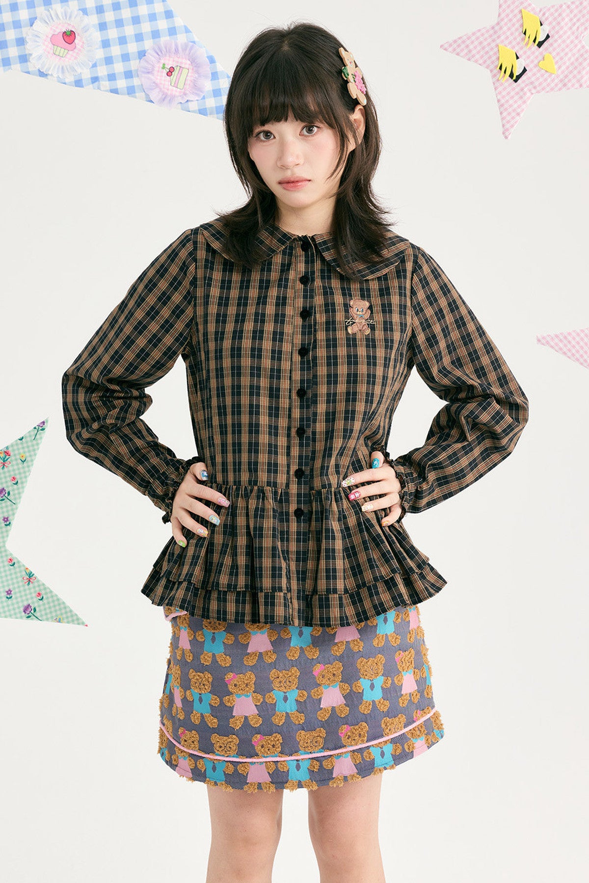 Brown Plaid Doll Collar Cotton Shirt