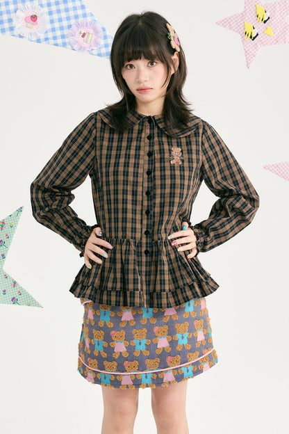 Brown Plaid Doll Collar Cotton Shirt