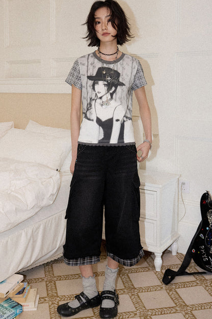 Patchwork Plaid Rhinestone Jeans