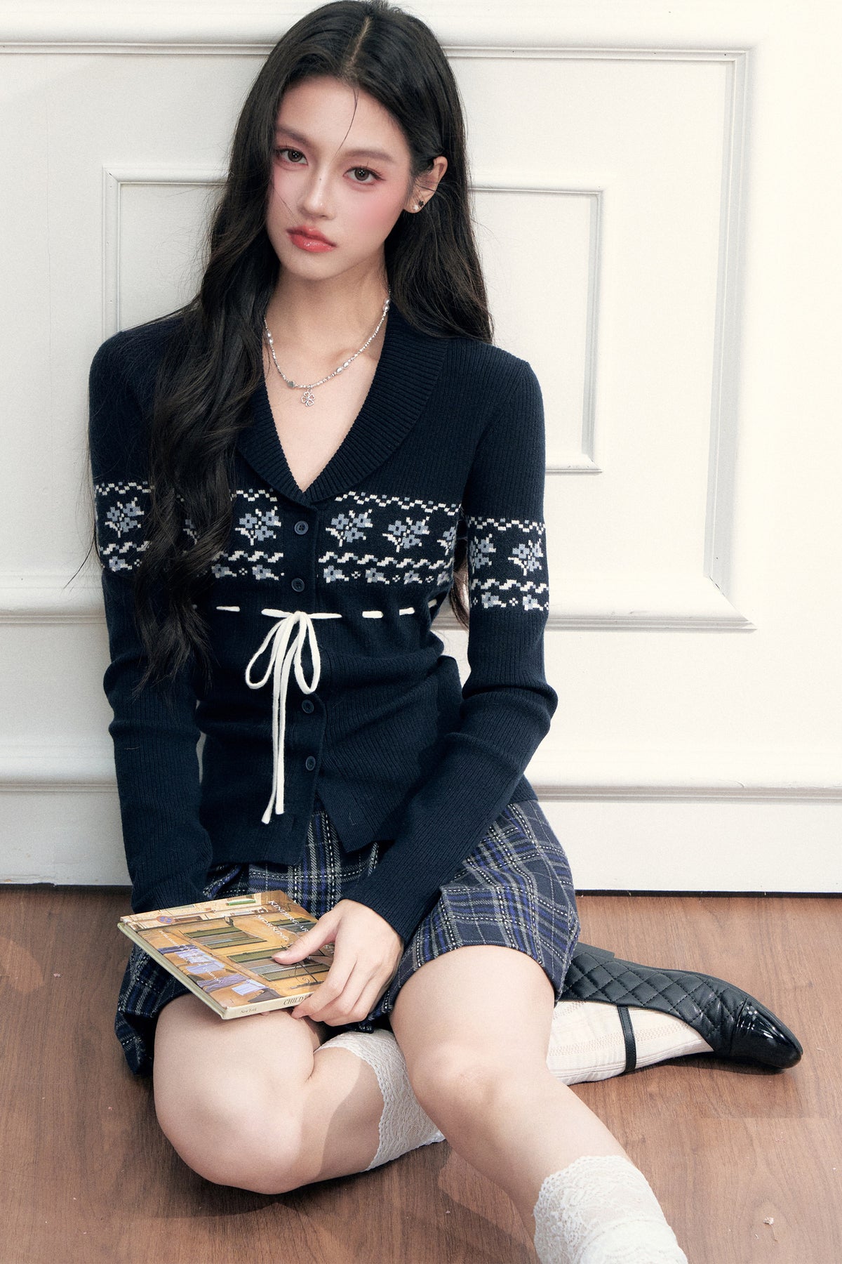 Navy Tie Closure Knit Top and Plaid Skirt Set-Up