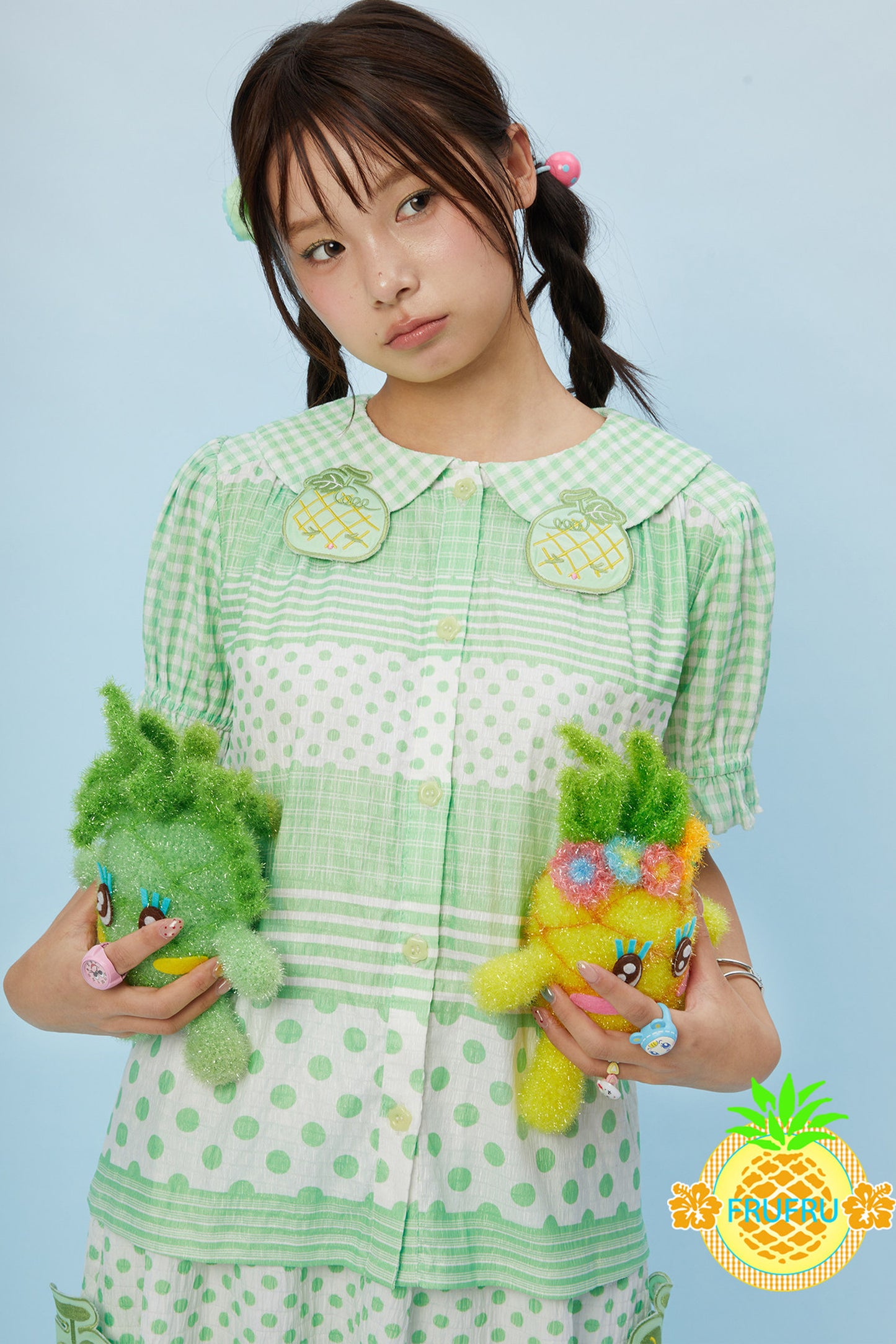 Plaid Polka Dot Collar Shirt and Skirt Set-Up