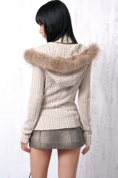 Fur Collar Hooded Slim Knit Top