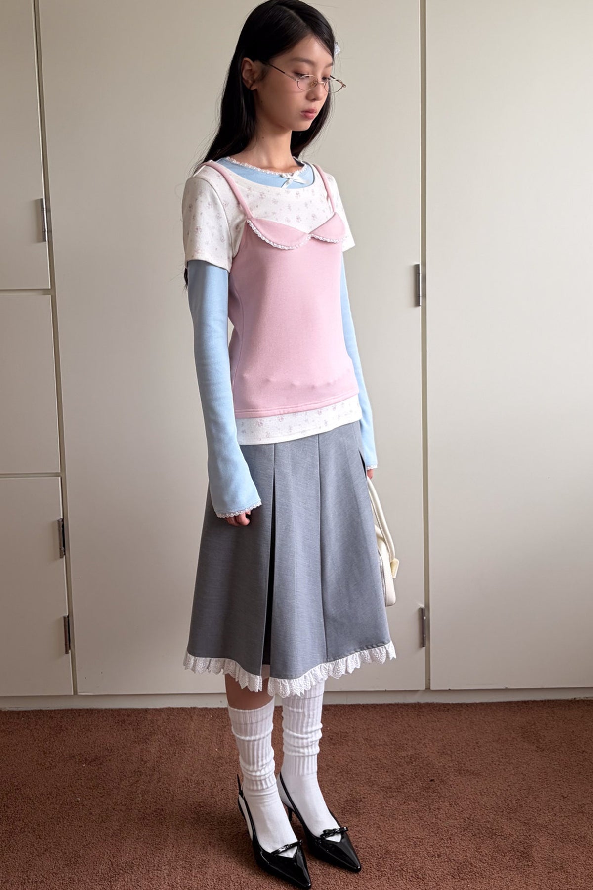 Gray Pleated Lace A-Line Skirt