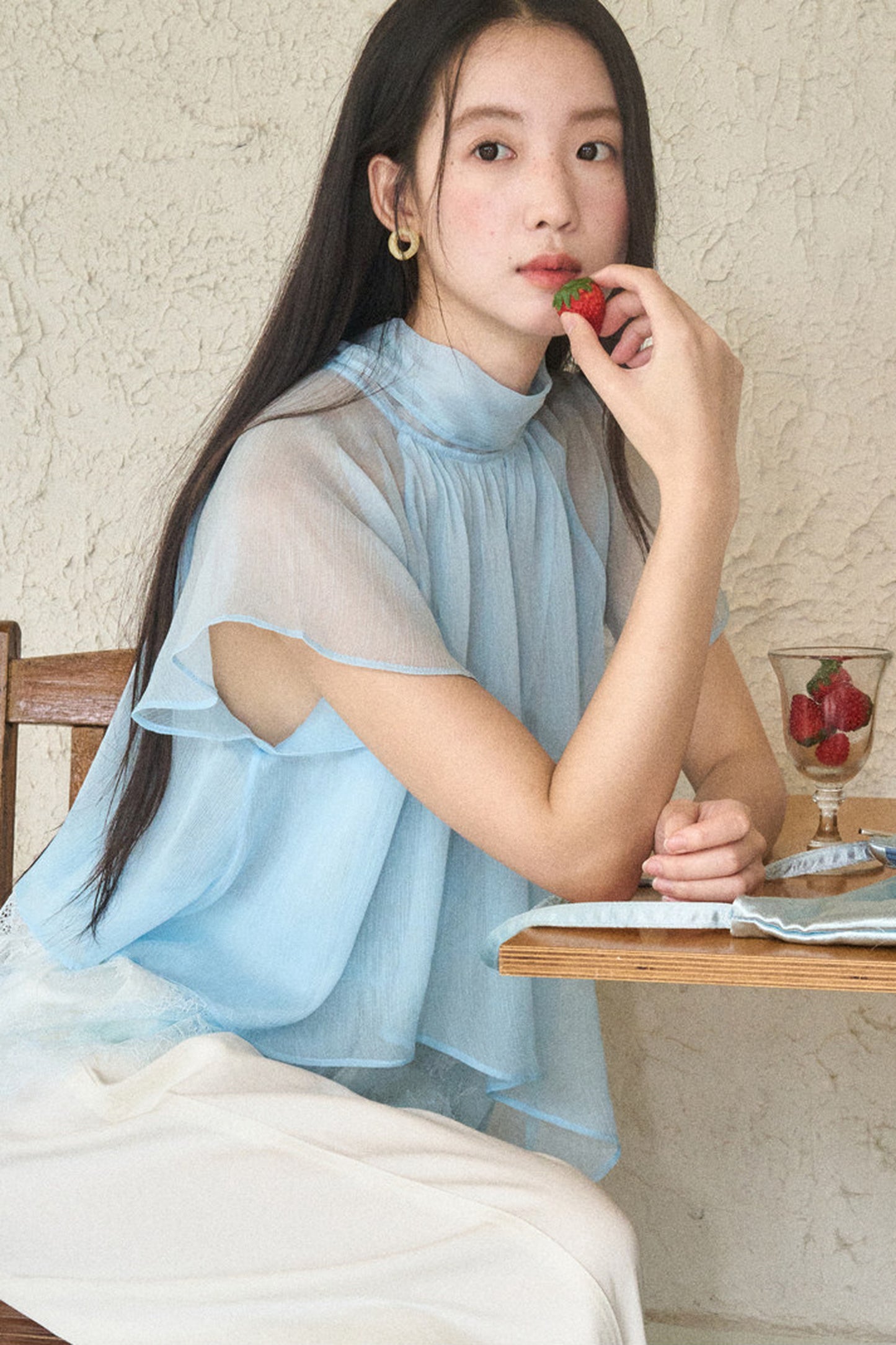 Sheer Blue Lace Ribbon Short Sleeve Top