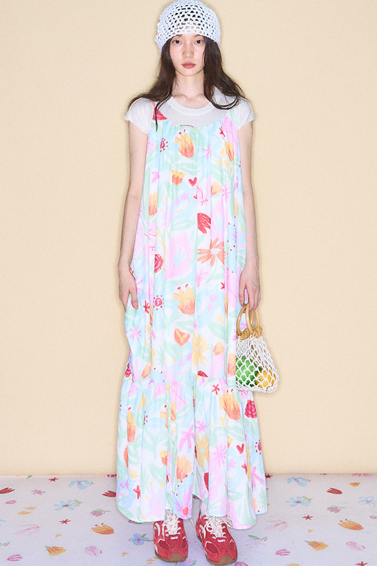 Hand-Painted Watercolor Flower Print Strap Dress