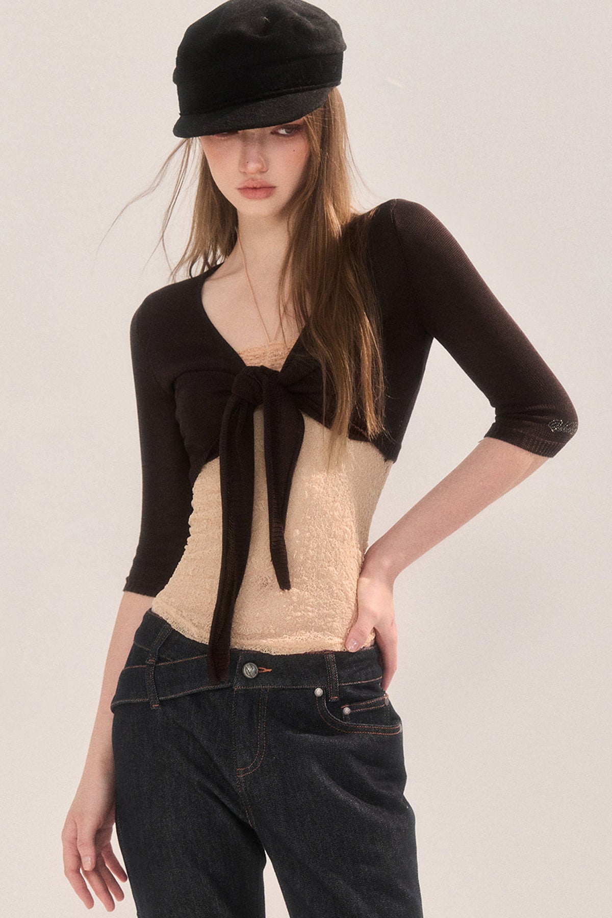 Tencel Lace-Up Mid-Sleeve Knit Sweater