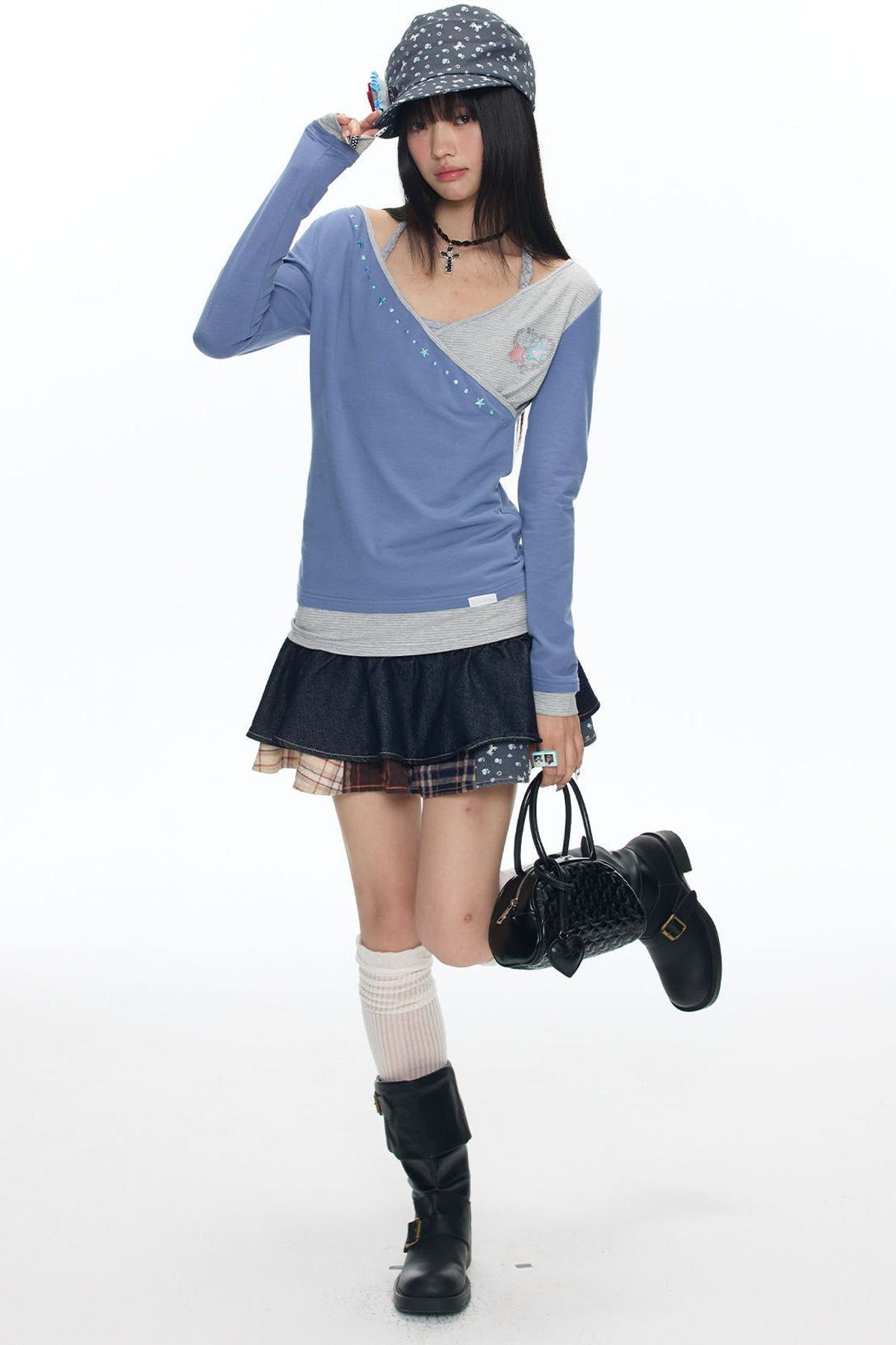 Diagonal Placket Layered-Look T-Shirt