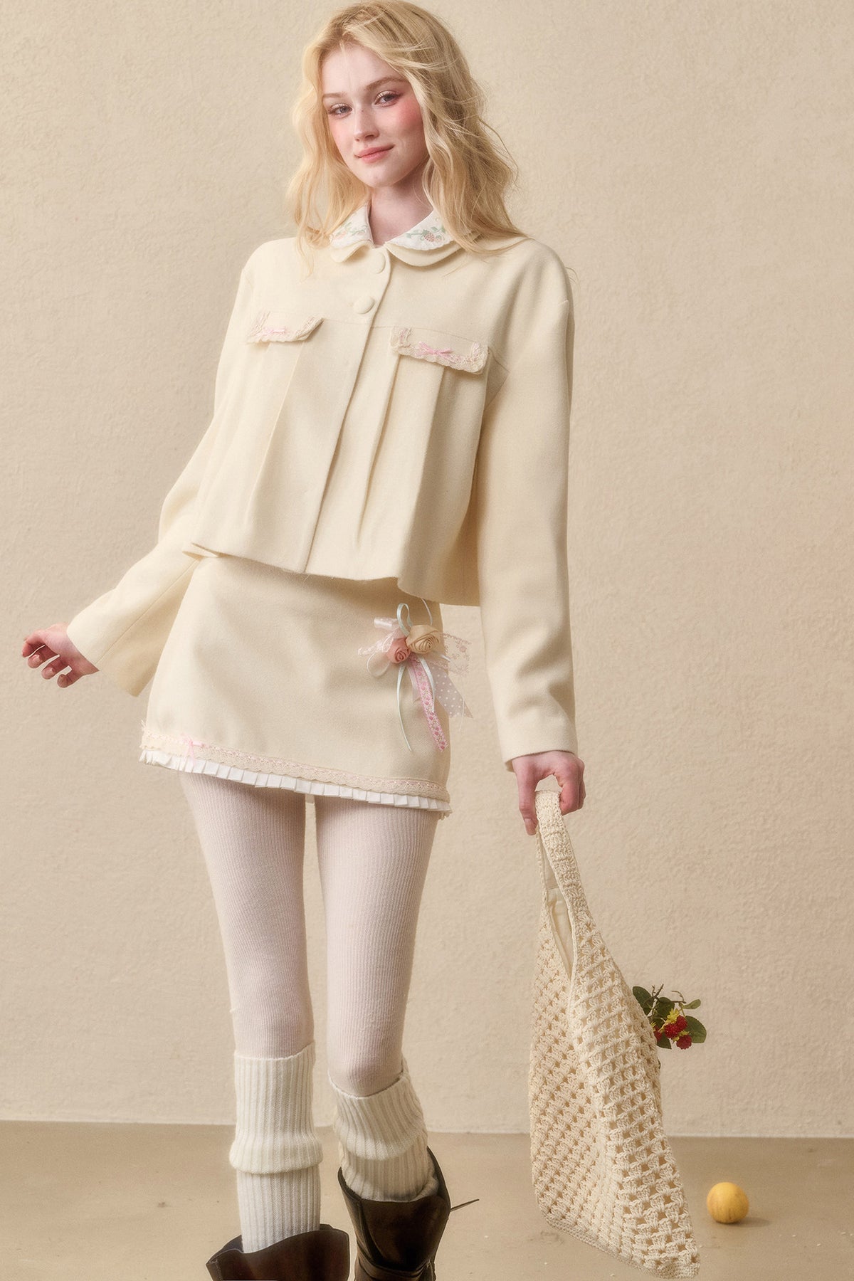 Strawberry Ribbon Tie Embroidered Top and Skirt Set-Up