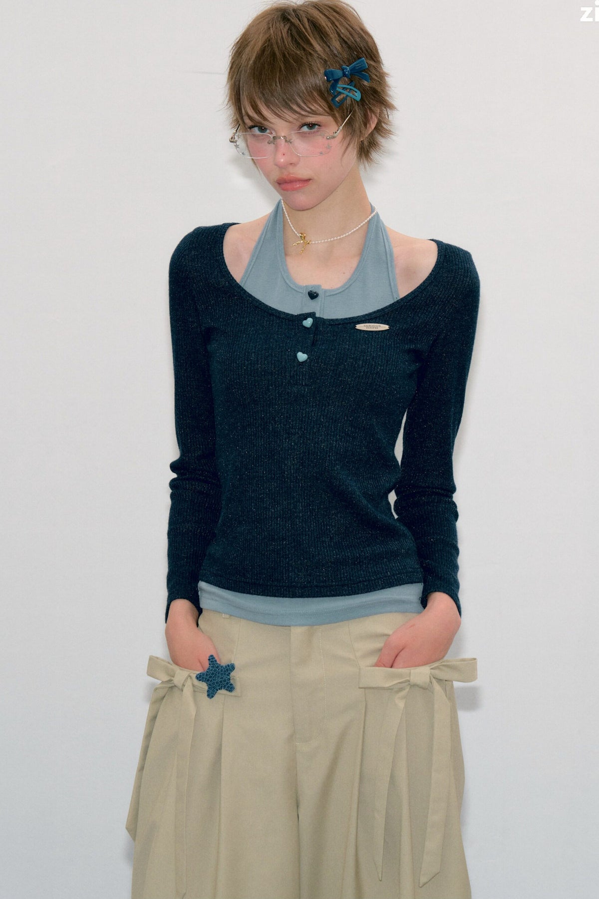 Layered-Look Long Sleeve Knit Top